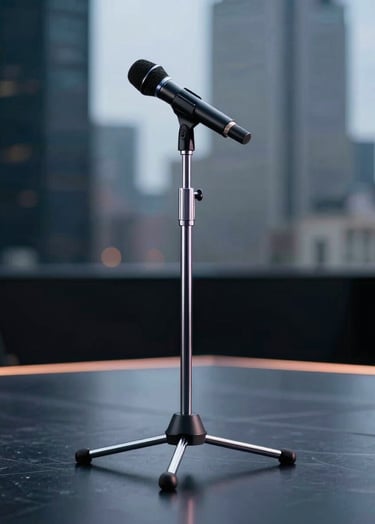 A detailed shot of a custom chrome microphone stand on a dark, reflective stage in a North American city. The lighting is cold and modern, emphasizing the high-performance minimalist brand.