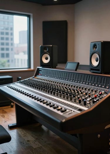 A high-end professional music studio in a sleek North American city loft, featuring a chrome mixing console and minimalist black speakers, cool cinematic lighting, sharp focus.