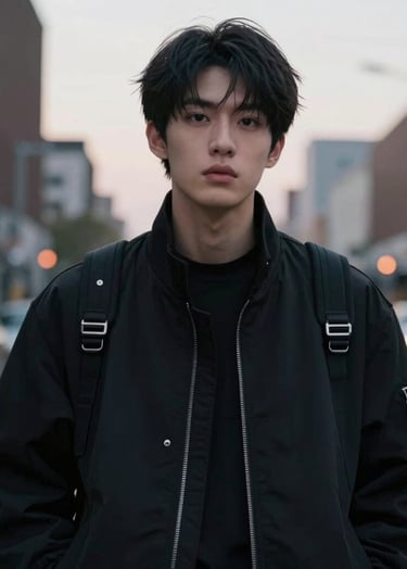 A close-up portrait of an artist in sleek black streetwear with silver hardware, captured in a North American urban setting at dusk, sharp cinematic lighting emphasizing minimalist style.