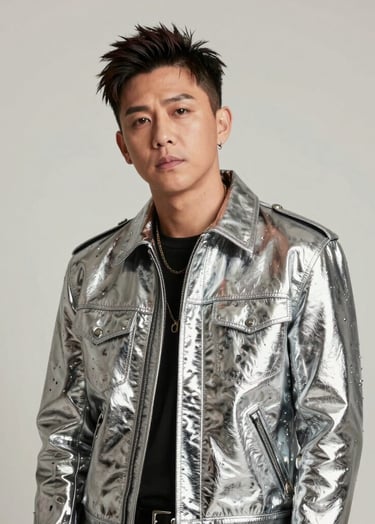 A medium portrait of a music artist wearing a chrome-finished designer jacket, looking confidently toward the camera. The background is a clean off-white studio wall. High-fashion North American styling.