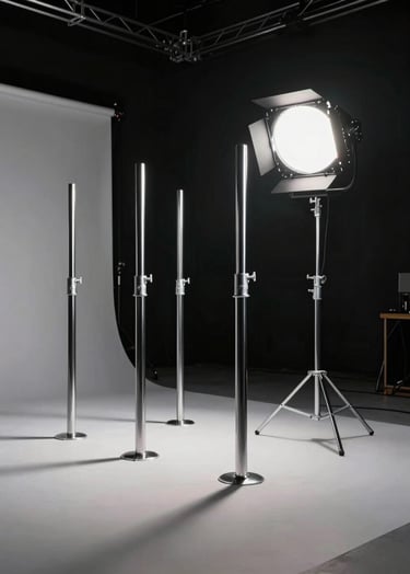 Commercial photography of a sleek music video set in a North American / US soundstage, featuring chrome pillars and minimalist lighting rigs against a dark backdrop.