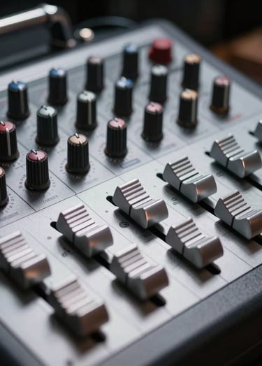 A close-up photograph of a professional silver audio mixer in a dark North American studio. Sharp focus on the chrome sliders and knobs reflecting dim, cold light against a black metal surface.