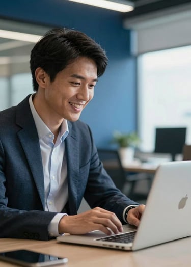 A professional in a North American / US corporate office smiling while looking at an eLearning course on a laptop, professional attire, soft natural lighting, with Steel Blue accents in the background.