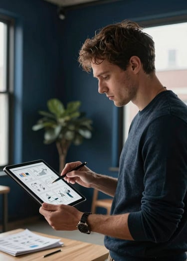 A creative professional in a North American / US urban loft, reviewing an illustrated storyboard on a tablet. The room is decorated with dark navy blue accents and receives ample daylight.