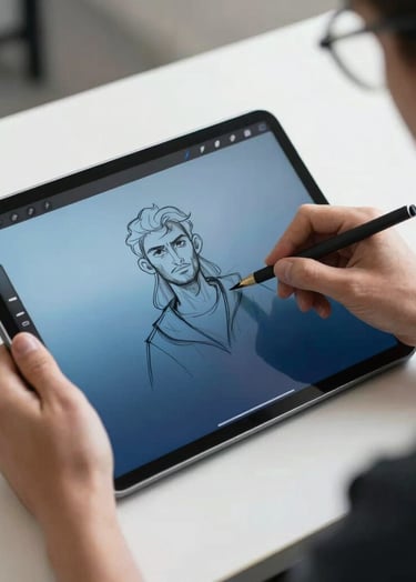 A creative professional in a modern North American / US studio, working on a large digital tablet, sketching a character. The tablet screen shows sky blue and dark navy blue tones. Lighting is bright and natural.