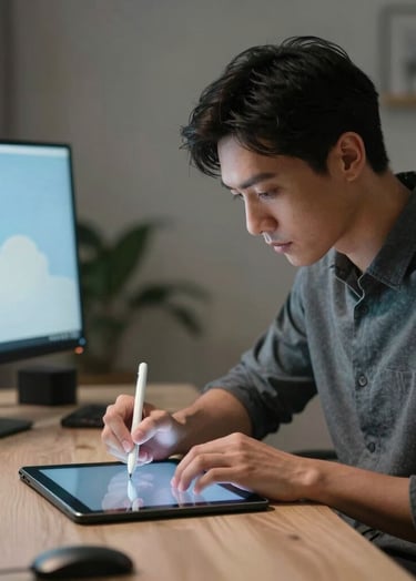 A professional instructional designer in a modern North American / US home office, using a stylus to draw on a tablet, with a cool sky blue desktop background and cinematic lighting.