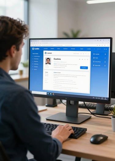 A professional instructional designer in a modern North American / US office setting, reviewing a clean eLearning interface on a large monitor. The screen displays sky blue and steel blue UI elements. The lighting is bright and airy, suggesting a creative yet focused atmosphere.