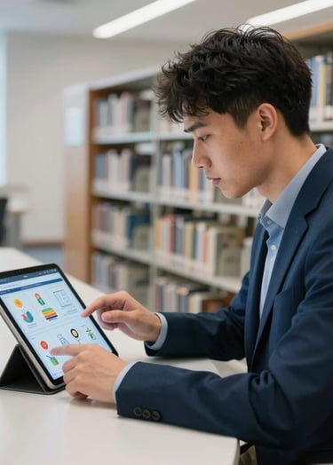 A young professional in a North American / US library or study space, using a tablet to navigate through a series of illustrated instructional modules. The atmosphere is quiet, intelligent, and modern, featuring sky blue and pearl white tones.