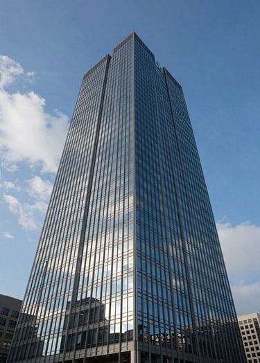 A vertical portrait of a modern skyscraper rising into a steel blue sky. The glass facade reflects soft cloud white clouds, creating a sleek and professional aesthetic. The perspective is looking straight up from the street level.