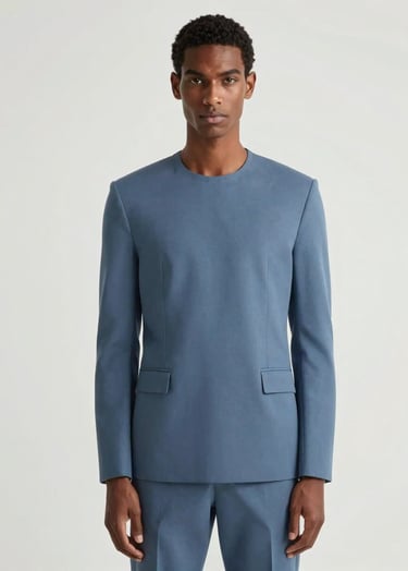 A high-fashion editorial photograph of a model against a mist white background. The subject wears a tailored slate blue garment. The composition is clean, centered, and exudes elegance.