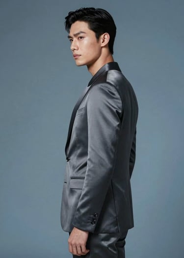 A sophisticated portrait of a model in a Charcoal silk suit, standing in profile against a textured Soft Blue background, lit with soft, professional studio lighting.