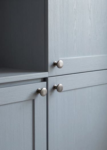 Portrait shot of a minimalist bespoke kitchen cabinet corner, showcasing the texture of light blue-grey wood and integrated hardware. High-quality craftsmanship visible in the lighting. Northern European interior.