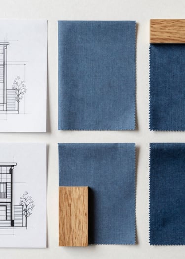 A sophisticated top-down view of an architectural mood board. Includes technical sketches, fabric swatches in muted blue, and a small piece of light oak wood. Clean, organized, and creative professional workspace.