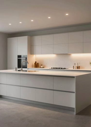A wide-angle 3D visualization of a modern, high-end kitchen island with integrated lighting, minimalist cabinetry, and a clean white countertop. The lighting is soft and cinematic, set in a Northern European minimalist apartment.