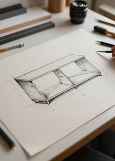 An architectural technical drawing of custom furniture on a clean drafting table. Pale Mist paper with precise black ink lines, professional drafting tools nearby, soft side lighting in a Baltic design studio.
