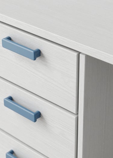 Close-up 3D render of a minimalist storage unit. Highlight on realistic material physics, showing the grain of white-washed wood against soft blue metal handles. Clean, sophisticated lighting.