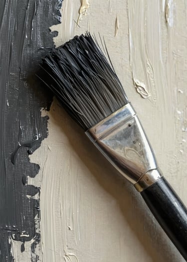 A macro photograph showing the thick, tactile brushstrokes of oil paint on a canvas. The colors are a blend of dark charcoal and cream, showcasing the artist's technique in a refined, minimalist North American studio setting.