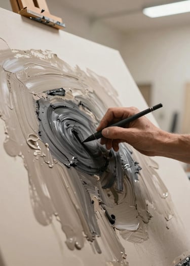 A refined photography shot of an artist's hands working with charcoal and taupe oil paints on a large canvas, soft natural light entering a modern North American studio with cream walls.