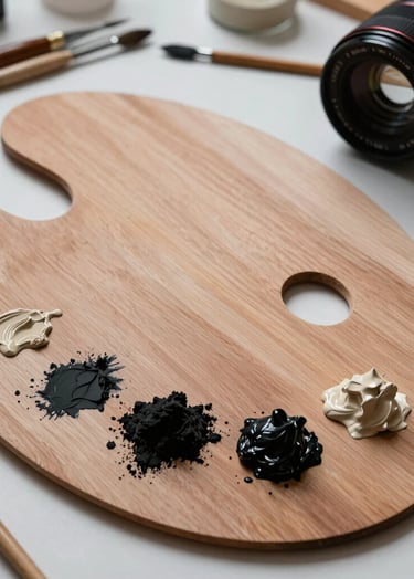 Still life photography of a clean wooden palette with small mounds of dark charcoal and light beige oil paint. Professional artist tools are arranged neatly beside it in a well-lit studio in the United States.