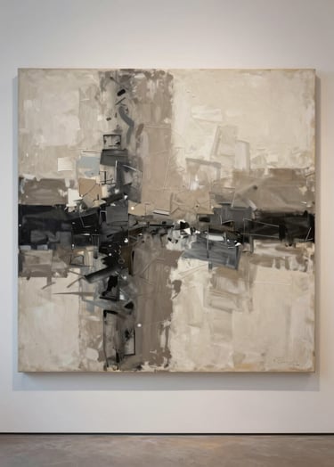 A large-scale abstract painting on a professional canvas, featuring layered textures in charcoal and soft taupe against a cream background. The lighting is natural and soft, emphasizing the rich brushwork. North American art gallery setting.