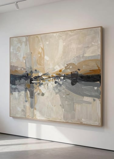 A high-resolution studio photograph of a large-scale abstract oil painting titled 'Ethereal Tide'. The artwork features sweeping strokes of tan, charcoal grey, and off-white. The painting is professionally hung on a clean off-white gallery wall in a bright, modern North American art studio with natural light.