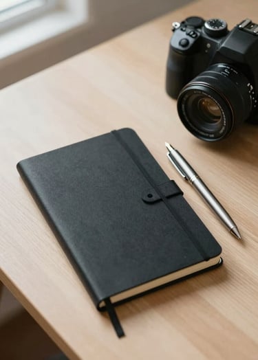 A top-down shot of a minimalist professional desk. A matte black Moleskine notebook is open next to a silver fountain pen and a professional DSLR camera. Soft morning light enters from the side. The palette features #F5F5F5 wood and #263238 gear, projecting a mood of intellectual rigor and preparation.