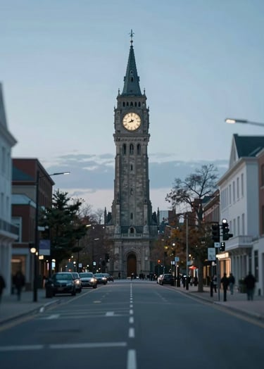 A quiet urban scene at dusk, looking down an empty street towards a historical clock tower. The image represents the passage of time and the context of history in reporting. Clean lines, professional photography, utilizing #263238 and #B0BEC5.
