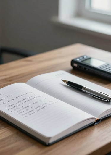 A close-up of a journalist's wooden desk featuring a professional notebook with handwritten notes, a modern fountain pen, and a high-end digital recorder. The lighting is soft and natural from a side window, emphasizing a mood of intellectual rigor. The color palette includes #263238 and #B0BEC5.