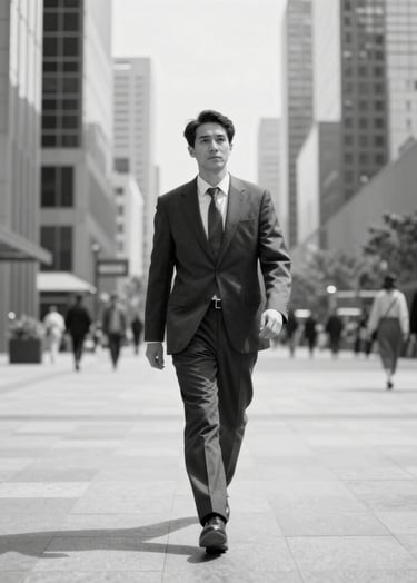A high-contrast black and white journalistic portrait of a person walking through a modern urban plaza with glass skyscrapers in the background. The lighting is sharp, creating long shadows, reflecting intellectual rigor. Tones of #263238 and #B0BEC5 dominate the scene.