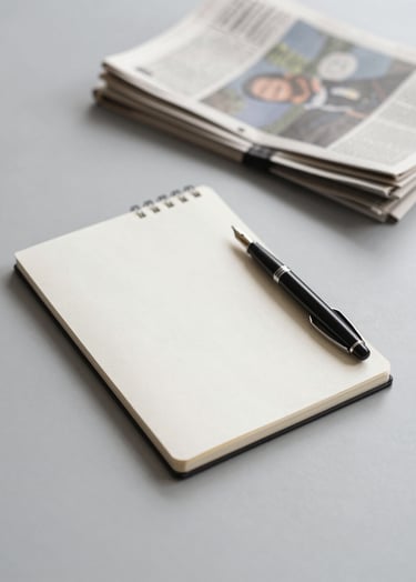 A minimalist, high-angle shot of a journalist's workspace. A single notebook, a refined black fountain pen, and a stack of folded newspapers are arranged on a light grey surface. The lighting is soft and natural, emphasizing textures. Colors are predominantly #F5F5F5 and #263238.