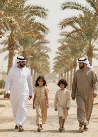 A cinematic medium shot of a family walking together through a sun-filled palm grove in a Middle Eastern / Gulf region. The lighting is hazy and warm, emphasizing genuine connection and storytelling, with a soft sand background.