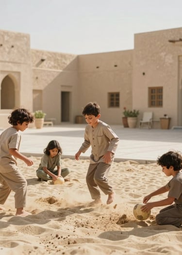 A professional lifestyle photograph of children playing in a brightly lit, modern Middle Eastern / Gulf courtyard. The composition is spontaneous and focused on real-life joy, using soft sand and soft tan colors to enhance the sunny mood.