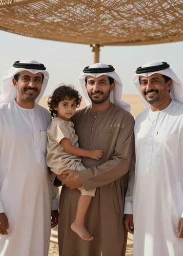 A beautiful portrait of a Middle Eastern / Gulf family under a warm sun-drenched canopy, authentic smiles, cinematic lighting with soft sand and burnt terracotta color palette.