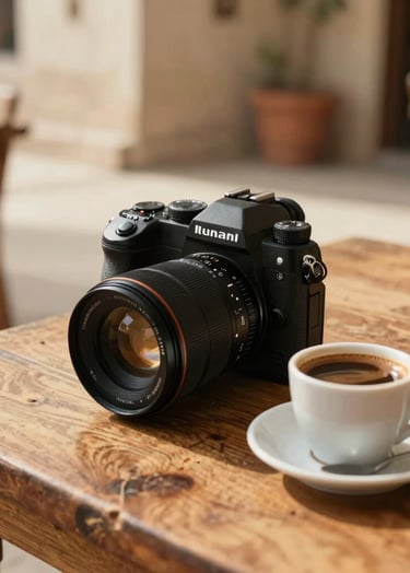 Cinematic photography of a professional camera resting on a rustic wooden table next to a cup of Arabic coffee in a sun-drenched Middle Eastern / Gulf cafe, warm soft off-white and burnt terracotta tones, natural golden hour lighting.