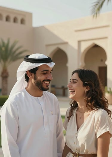 A cinematic, sun-drenched outdoor portrait of a young couple laughing together in a modern Middle Eastern / Gulf garden. The lighting is warm and golden, with soft off-white and tan colors in the background. Authentic photography.