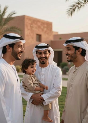 Cinematic photography of a young Middle Eastern / Gulf family laughing together in a sun-drenched garden with warm burnt terracotta and soft off-white elements in the background, golden hour lighting, natural storytelling style.