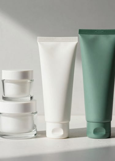 A professional photograph of a minimalist skincare collection featuring glass jars and paper tubes. The scene is set in a North American / US boutique studio with soft morning light. The color palette includes mist white and deep sea green. Composition is an overhead flat lay.