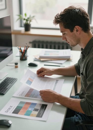 A professional designer in a bright, modern North American / US design studio, reviewing printed packaging proofs laid out on a light mist colored table. Soft natural light, high-end creative atmosphere.