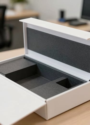 A close-up shot of the structural packaging being opened, revealing a mist white interior and custom charcoal inserts designed for product safety. The style is clean and professional, shot in a North American / US office environment.