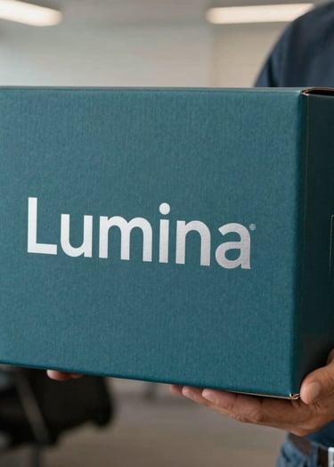 A photograph of the Lumina outer packaging box, made from sustainable Deep Teal cardboard with minimalist silver foil. The box is held by a professional in a North American / US creative office, showcasing the scale and physical presence of the final design.