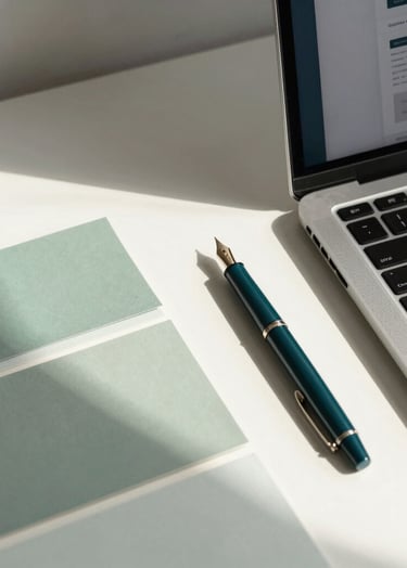 A top-down photographic view of a designer's desk in a North American / US studio. On the desk are Soft Sage colored paper swatches, a refined Deep Teal fountain pen, and a laptop showing a clean branding layout. Natural light from a window creates soft shadows across the Off-White table surface.