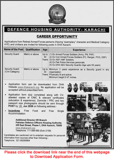 DHA Karachi career opportunity advertisement for security guard jobs for retired armed forces and civilians.