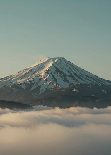 A majestic wide-shot photograph of a snow-capped mountain peak at sunrise, North American / US, with a foreground of soft off-white clouds and hints of muted teal sky, professional artistic expression, minimalist framing.