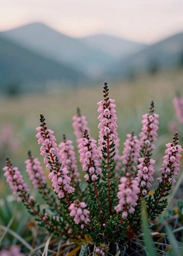 Sharp focus photography of a pink mountain heather bloom in a North American alpine meadow, with the soft mint and sage green tones of a distant mountain valley in the background. Soft afternoon sunlight.