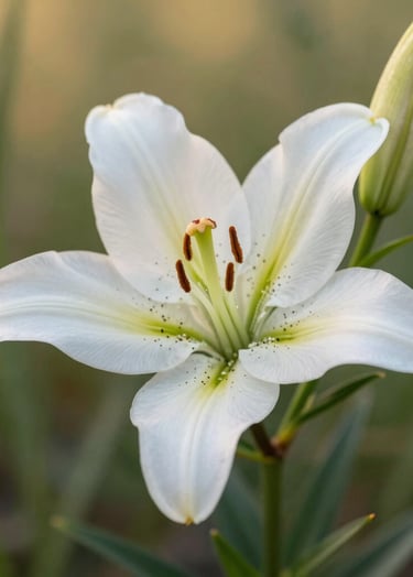 A professional macro photograph of a delicate wild lily in the North American wilderness. The petals are a soft white and pale green, captured during the golden hour with soft, diffused sunlight. The composition is clean and minimalist, highlighting the intricate textures and serene beauty of the flower against a blurred natural backdrop.