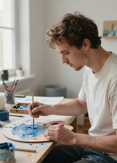 An artist at work in a bright European / French studio, mixing paint on a palette. The scene is filled with natural light, featuring steel blue and soft off-white colors, conveying refined creativity.