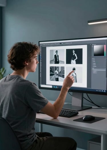 A focused professional artist reviewing digital compositions on a large monitor in a modern European / French design studio. The workspace is sleek with silver grey furniture and muted teal blue accents. Soft evening light creates a calm, creative atmosphere.