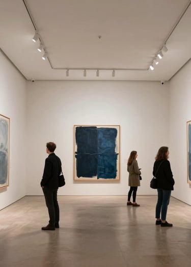 Wide-angle interior photograph of a minimalist art gallery in a European / French city. Soft off-white walls with high-end track lighting. A few people in smart-casual attire are observing abstract paintings that use dark navy blue and light blue-grey tones. The atmosphere is quiet, refined, and creative.