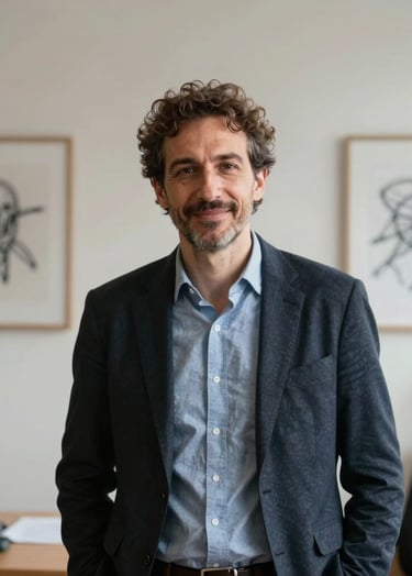 A professional portrait of a cultural curator in a stylish European / French office environment. The background shows a soft off-white wall with modern art sketches. The lighting is flattering and professional, highlighting a sense of leadership and creativity.