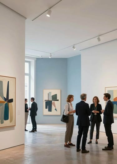 A wide-angle photography shot of a bright, modern European / French art gallery with high ceilings. A group of artists and professionals in refined attire are engaged in conversation near large abstract paintings. The lighting is soft and natural. Colors include soft linen walls and dusty blue accents.